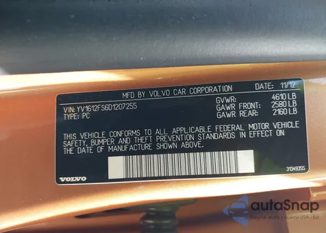 2013 Volvo S60 T5 from USA, damaged, VIN YV1612FS6D1207255